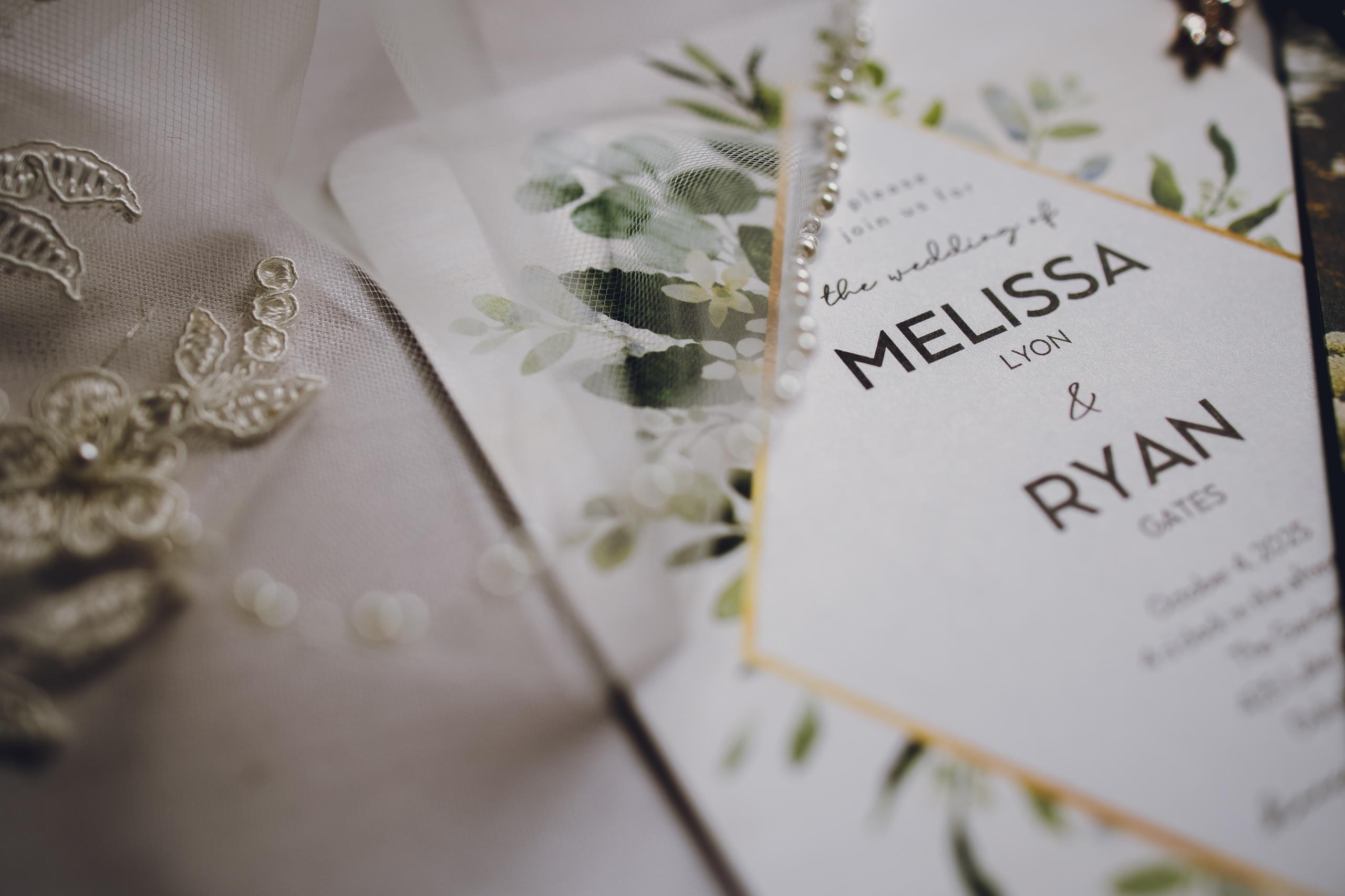 Melissa and Ryan's wedding invitation to their wedding at The Garden in Duluth